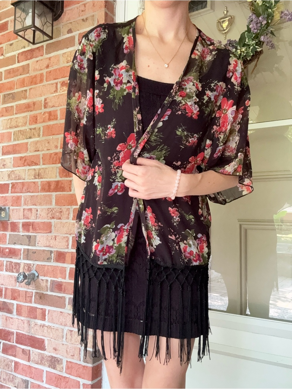 Black Floral Sheer Kimono with Fringe